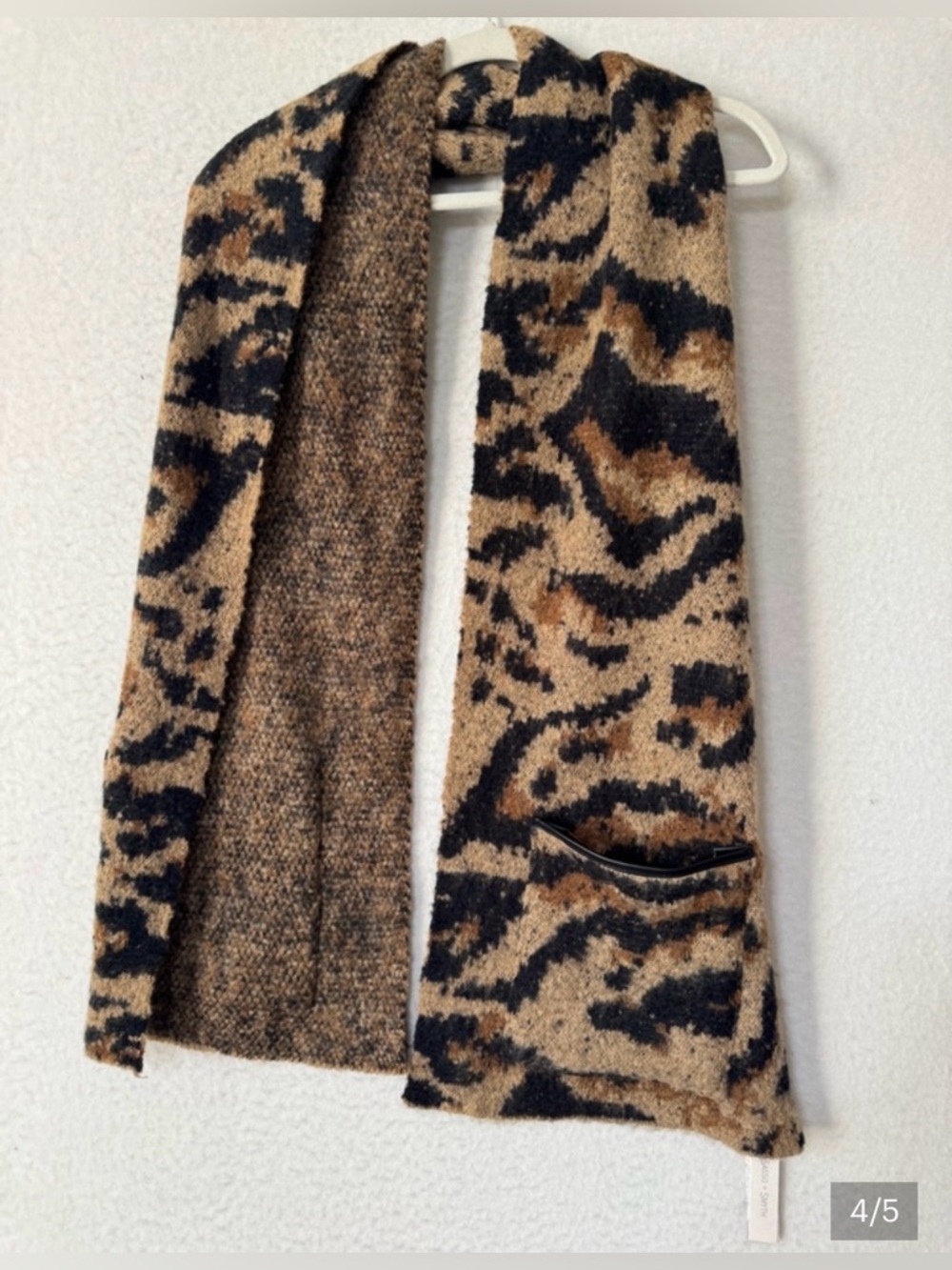 Sasso + smyth Textured Animal Print Scarf in Tan, Brown & Black with pockets